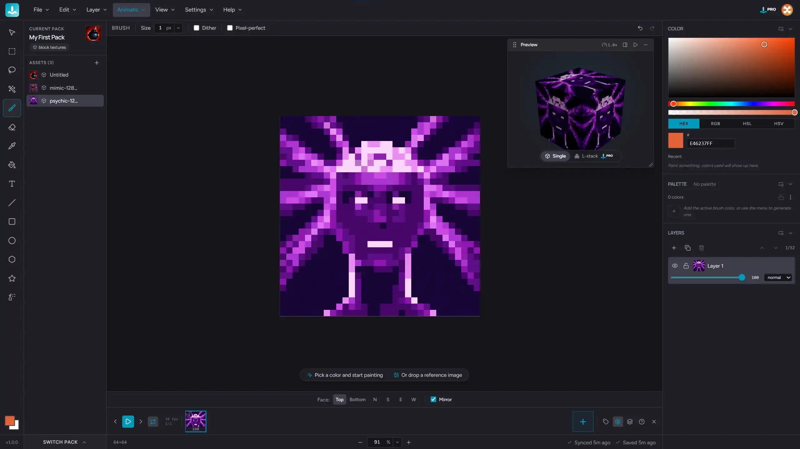 The Hexcalibur editor: a pixel-art canvas being painted next to a live 3D preview of the painted block.